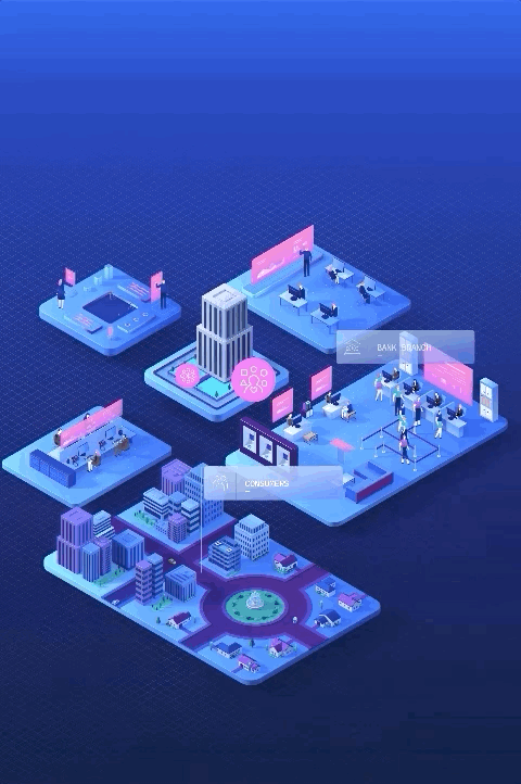 An animated isometric city from the industry films