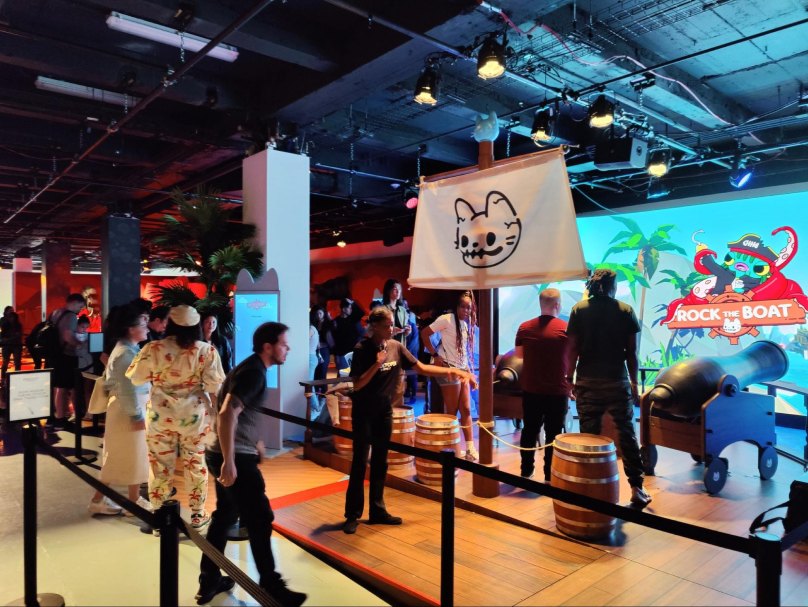 Visitors aboard the life-sized pirate ship