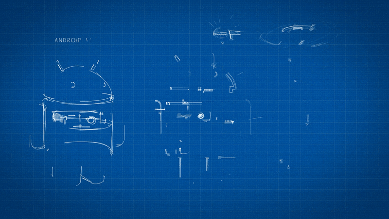 Blueprint sketches of the Android robot taking shape