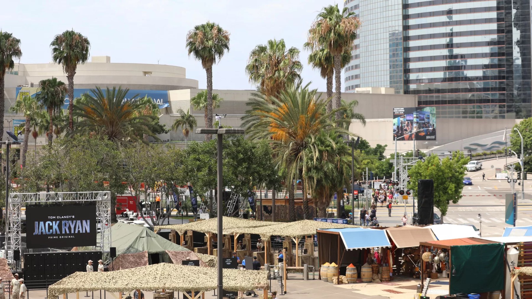 The market and camo netting built across the Comic-Con lot
