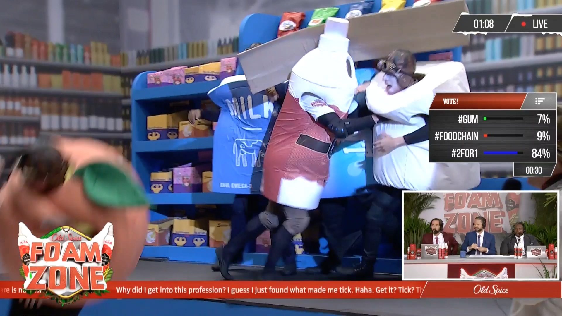 Contestants wrestling through the foam grocery aisle on the live show