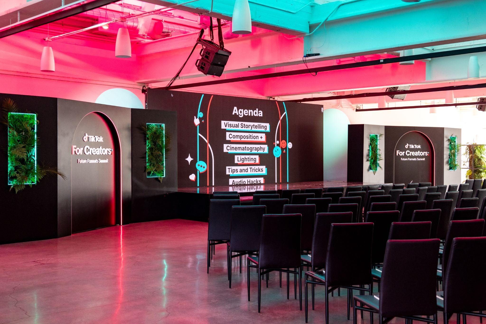 The keynote room in TikTok pink and teal