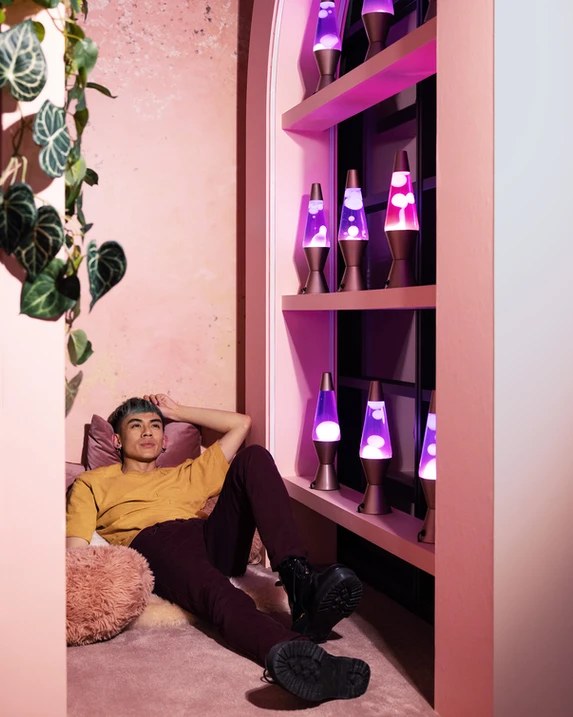 A lava lamp library in the reading nook